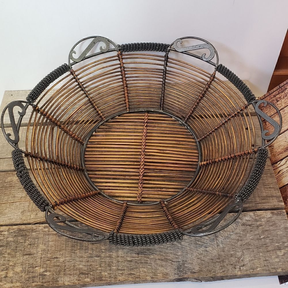 METAL & BAMBOO Large Coffee Table Display Bowl Basket Home Decor
